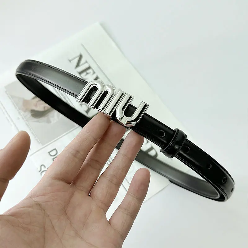 Thắt Lưng Chữ Cái Miu, Thời Trang Cổ Điển Khóa Màu Bạc, Dành Cho Nữ, Thích Hợp Cho Váy Và Quần Jean, Da Thật Màu Đen, Thắt Lưng Mỏng, Đồ Trang Trí Cho Nữ