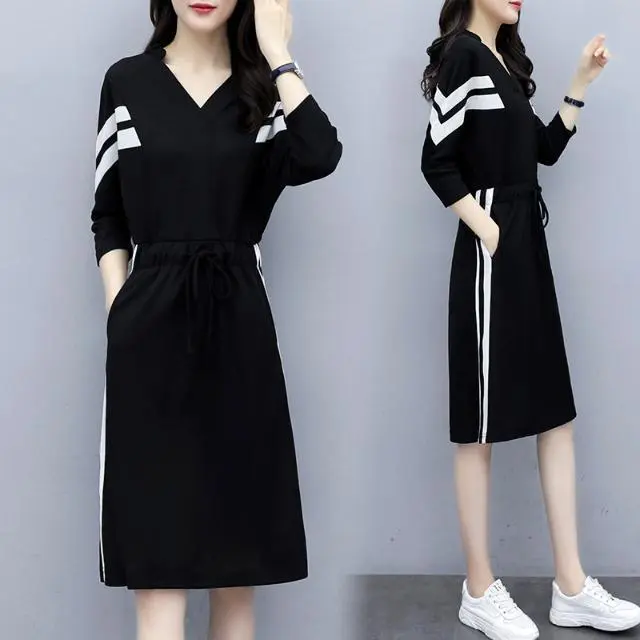 Váy Cổ Chữ V, Phong Cách Hàn Quốc, Dành Cho Nữ, Ngoại Cỡ, Dài Trung Bình Bó Sát Eo, Thiết Kế Khối Màu