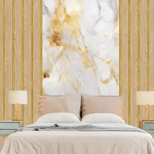 wallpaper dinding asthetic Self Adhesive Motif Kayu Garis Emas PVC 45cm x 6M