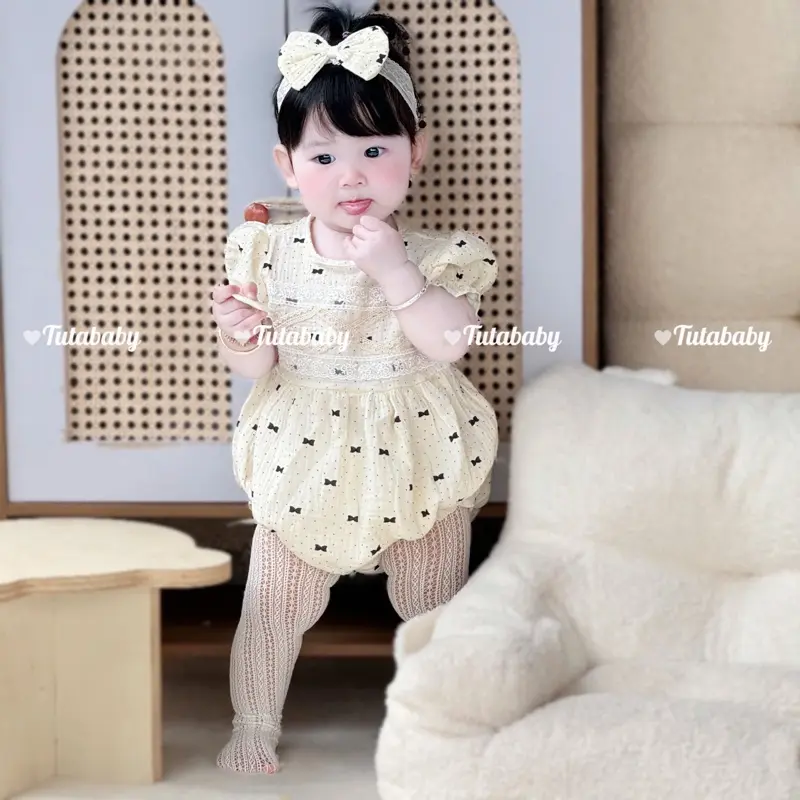 Bodysuit Bé Gái Chất Xô Muslin Thiết Chấm Bi Nơ Đen, Kèm Turban Nơ Xinh Xắn, Dành Cho Bé 3kg Đến 11kg 8