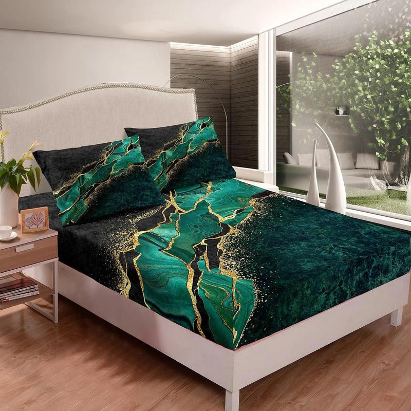 1 Count Marble Print Fitted Sheet & 2 Counts Pillowcase Set without Filler, Soft Comfortable Bedding Set, Bedding Supplies for Home Bedroom & Hotel, Christmas Gifts, Christmas Decorations 4