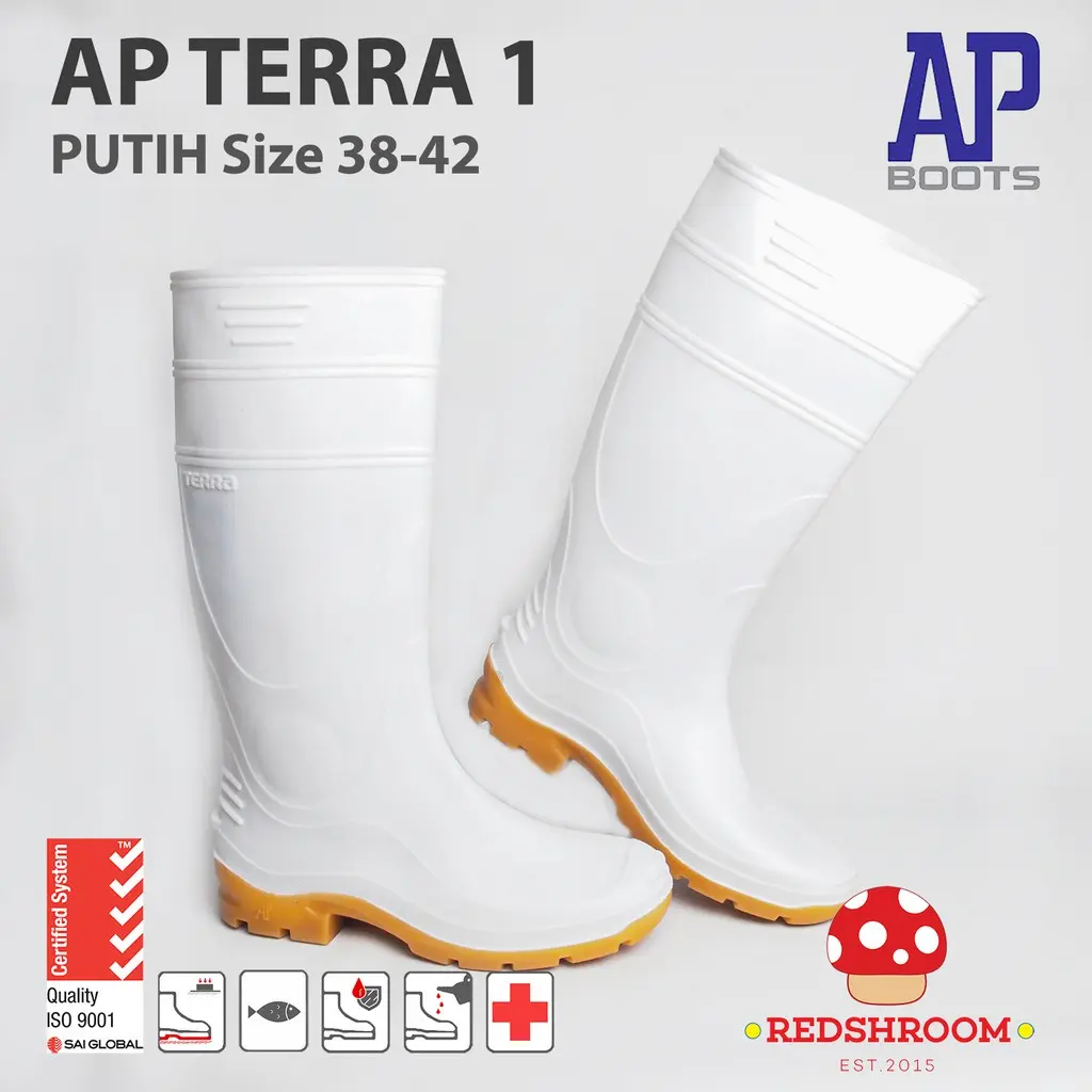 Sepatu Boot Tinggi AP TERRA 1 AP BOOTS Putih Karet Lokal Anti Air & Slip Perikanan Perairan