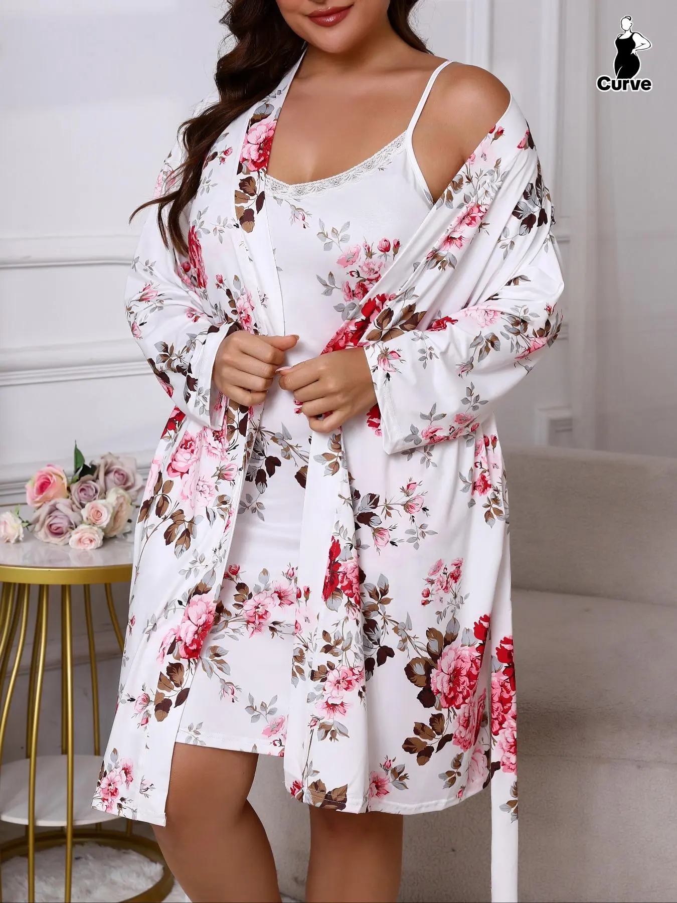 【Plus Size】 Floral Print Lace Trim Cami Nightdress & Open Front Long Sleeve Robe Two-piece Set, Casual Comfy Pyjama Set for Women, Women's Sleepwear for Spring & Fall