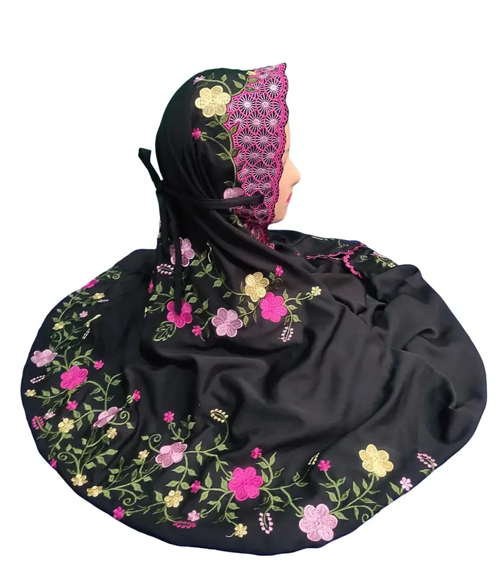 Mukena Terusan Dewasa Polino Warna Hitam Bordir Bunga Jasmine Cantik Motif Nyaman Muslim Navy Mukenah Katun Panjang Renda Santri 0