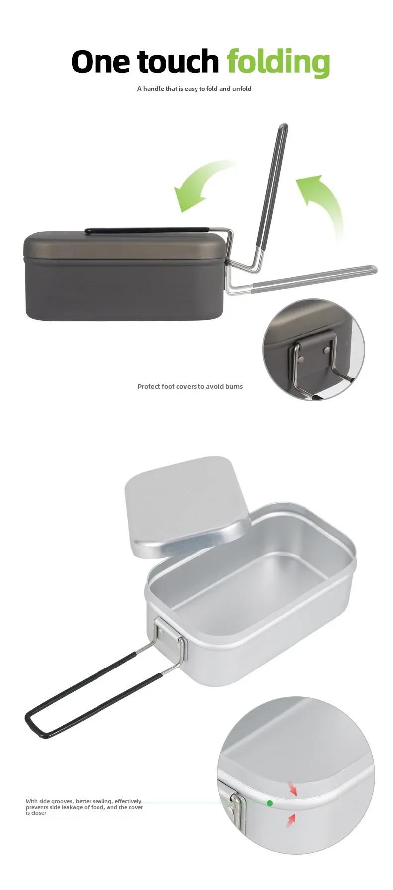 Product Introduction of Camping Outing Folding Handle Aluminum Lunch Box Outdoor Mountaineering Lightweight Portable Lunch Box Tableware 8