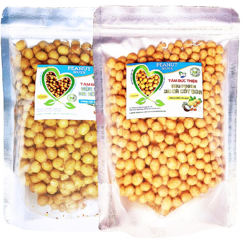 Combo 1KG 2 Vị Tự Chọn: Đậu Phộng Da Cá Tỏi Ớt và Da Cá Cốt Dừa Tâm Đức Thiện 2 Túi ZIP Trắng 500GR đồ ăn vặt Snack Nuts Cay Food đậu  phộng