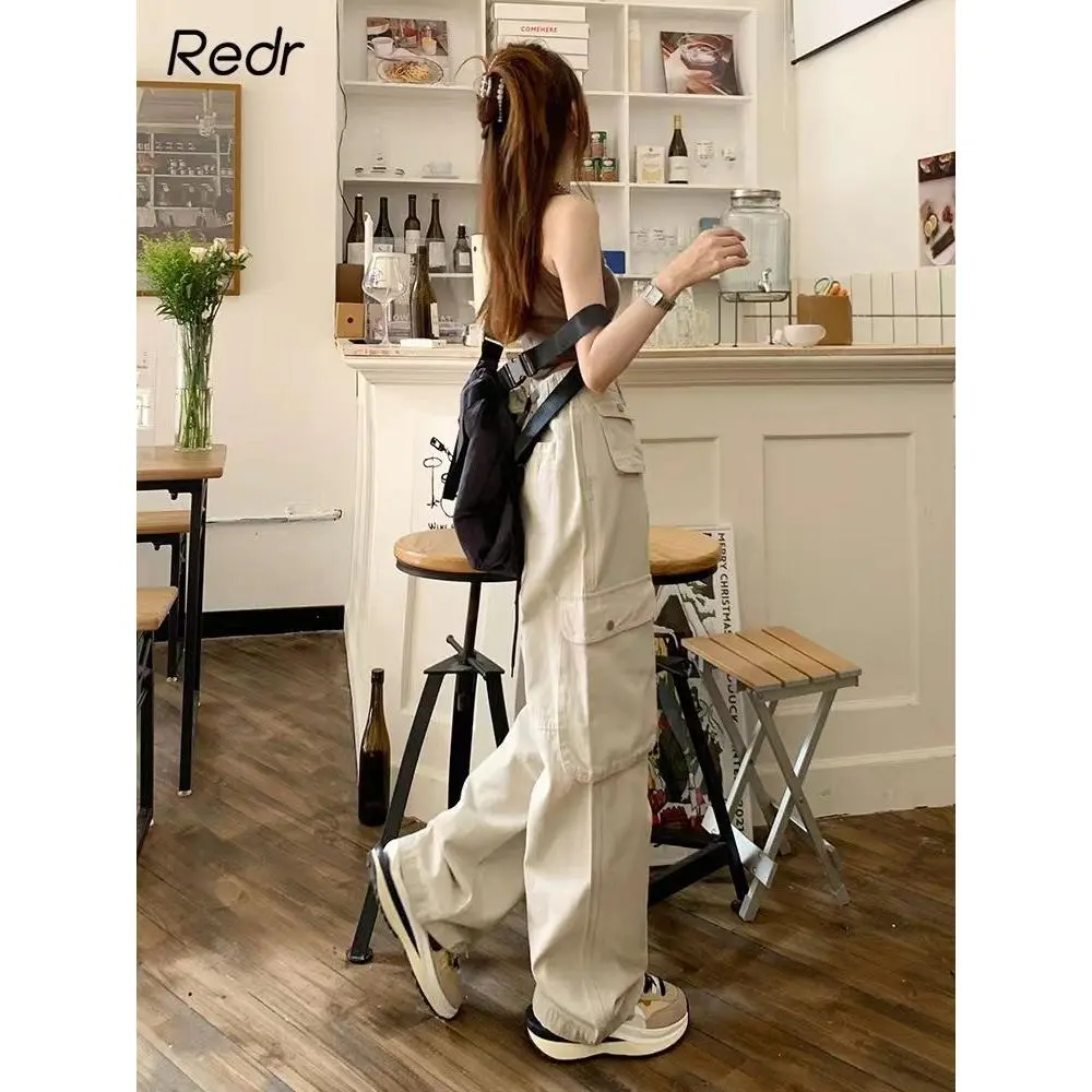 OOTD Overalls Women's Fashionable Cool Versatile Slimming Wide-Leg Pants Summer Pure Cotton plus Size Pants Straight American Retro Casual Pants Trouser Womenswear Bottom Lingerie Lady Basic Minimalist