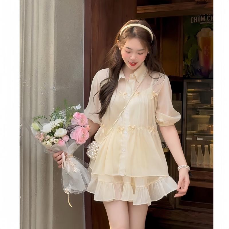 Set áo kiểu babydoll đính nơ chất voan tơ kèm chân váy xòe tiểu thư phong cách Hàn Quốc Women Top DILYSHOP _ S104
