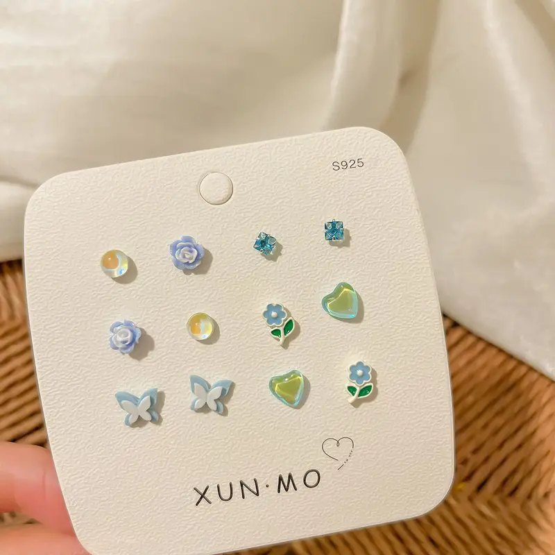 Bộ Bông Tai, 6 Món, Bạc S925, Phong Cách Nữ Tính Đơn Giản Và Ngọt Ngào, Ins Dễ Phối Đồ Bộ Đinh Tán Xương Tai Nhỏ 7