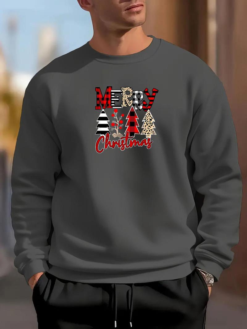 Product Introduction of Men's Christmas Tree & Letter Print Thermal Lined Sweatshirt, Regular Fit Casual Soft Comfy Long Sleeve Round Neck Pullover for Fall & Winter, Men's Clothes for Daily Wear 4