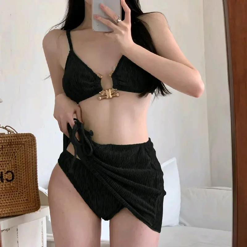 đồ bơi , bikini nhung 3 món áo quần và váy rút dây đen Nữ 0