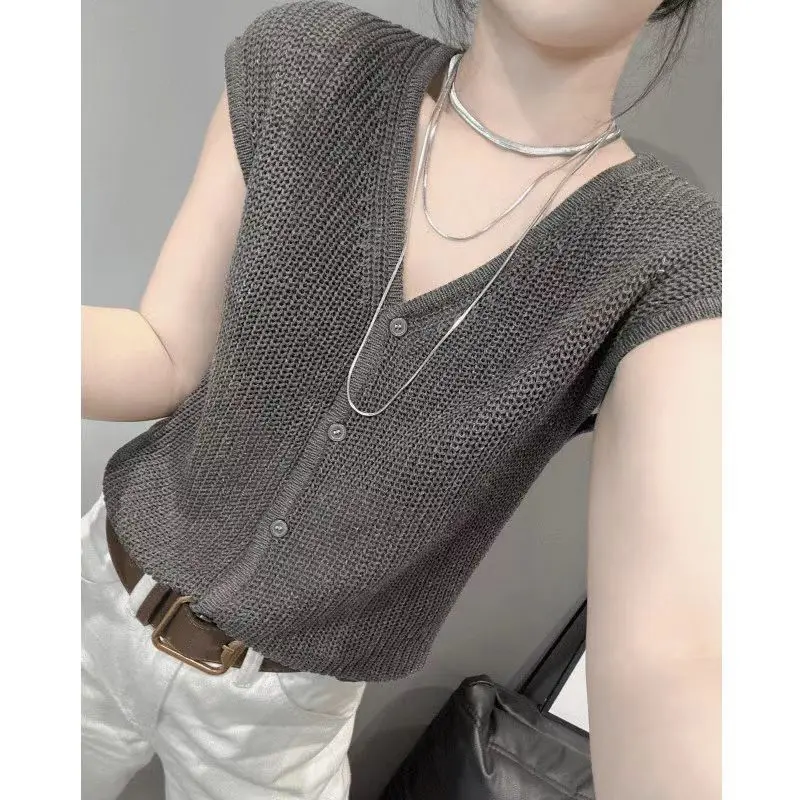 Áo Khoác Vest Dệt Kim, Hàng Mới Về, Áo Cardigan Dệt Kim, Dành Cho Nữ, Trang Phục Mùa Thu Và Mùa Đông, Dáng Rộng Vừa Vặn, Áo Len Mới, Thiết Kế Đơn Giản Và Dễ Phối Đồ, Áo Cổ Chữ V Women Top Sọc Sọc Kẻ