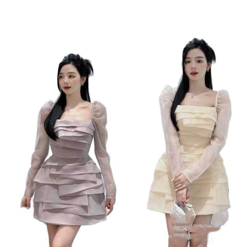 Váy xếp ly tầng tơ tay dài HT