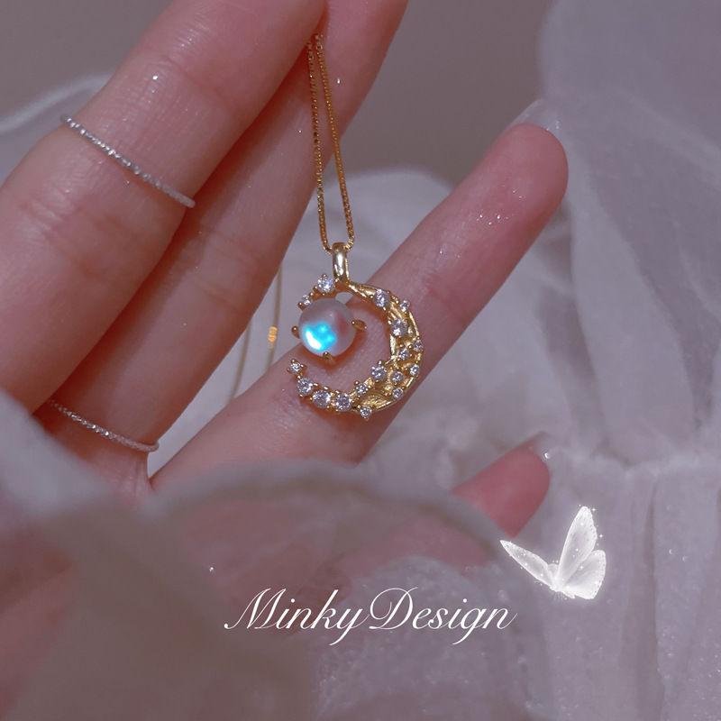 Product Introduction of Titanium Steel Necklace Moonstone Necklace Female Light Luxury Minority Simple Colorful Moon Clavicle Chain 1