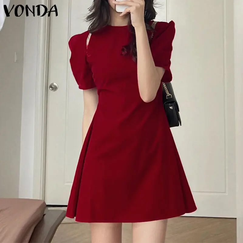 VONDA Women Elegant Shirt Dress V Neck Slip Dress Party Club Baggy Tunic  T-Shirt Dress (Korean Causal)Local logistics - TikTok Shop Singapore