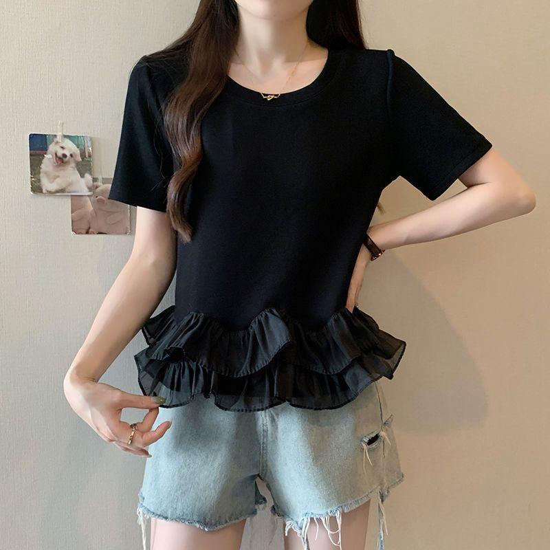 Áo Thun Ngắn Tay Chắp Vá Xếp Nhún Ngoại Cỡ Dành Cho Nữ, Dáng Rộng Vừa Vặn, Bó Sát, Ngoại Cỡ, Thích Hợp Cho Mùa Hè 2024, Áo Bé Gái, Phong Cách Ins 5