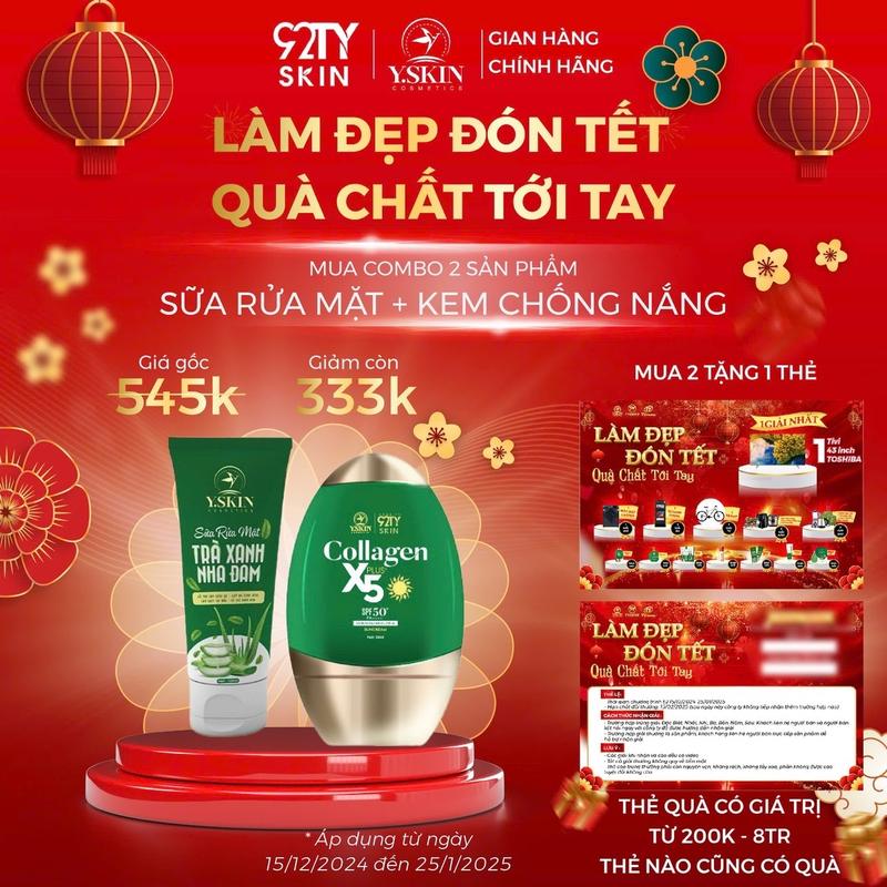 Combo : SỮA RỬA MẶT TRÀ XANH NHA ĐAM & KEM CHỐNG NẮNG YSKIN tuýp to   tặng 5nmn  