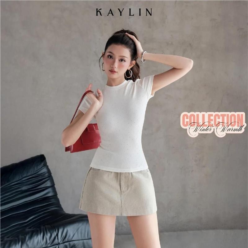  Áo thun KAYLIN form ôm đính đá chất vải thun cotton co giản phong cách Basic BST Tháng 11.2025 - A82T11 Women Basic Nữ Mùa Hè 