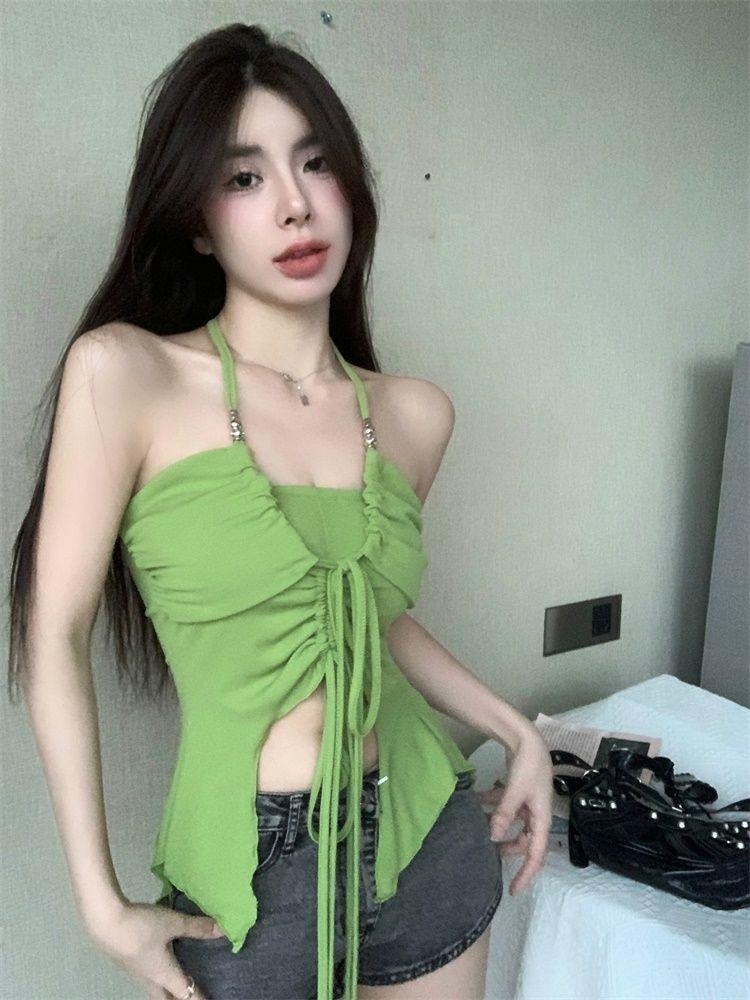 Product Introduction of Áo Ống Bất Đối Xứng Buộc Dây Cổ Yếm Màu Xanh Lá Cây,Dáng Ôm, Áo Hai Dây Sang Trọng，Đen xanh lá cây hai màu，áo quây，áo hai dây sang chảnh 3