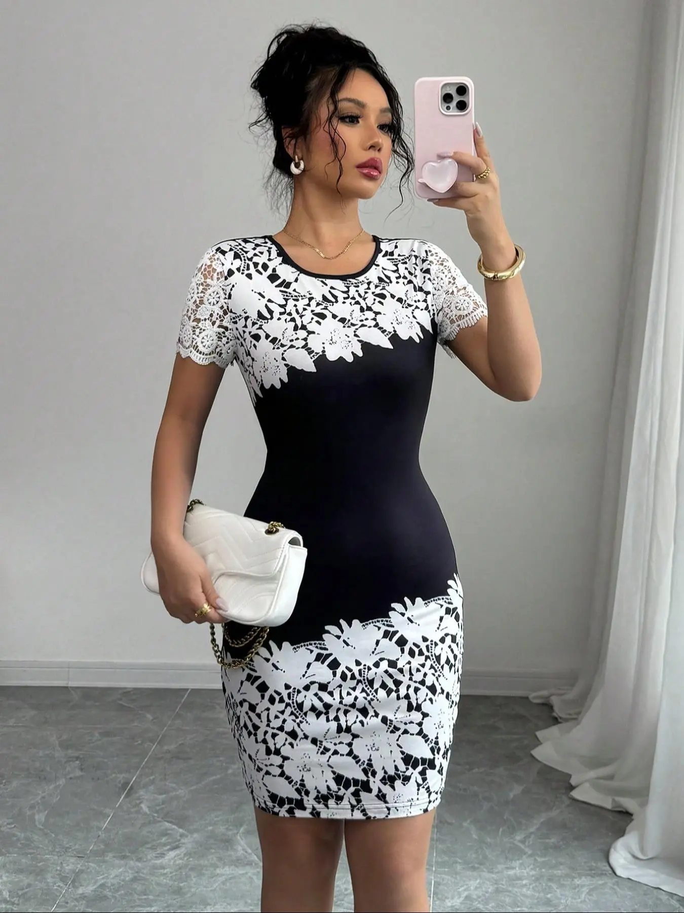 Women's Floral Print Round Neck Bodycon Dress, Elegant Fashion Short Sleeve Knee Length Dress for Daily Outdoor Wear, Women Dress for Summer