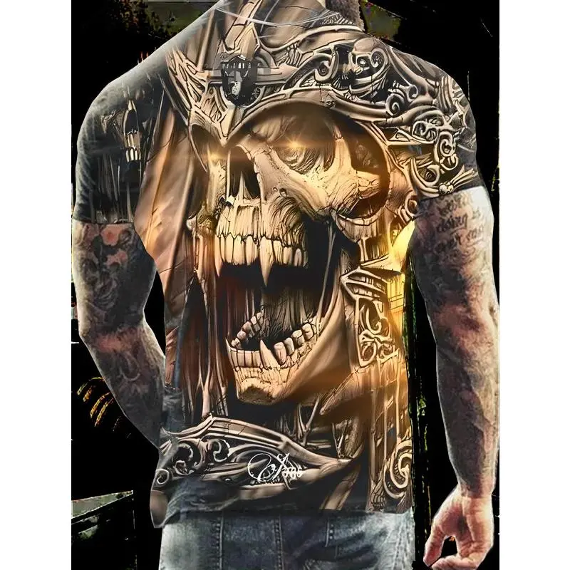 Skull Print T-shirt Men's Casual Street Style Stretch Round Neck Tee Shirt For Summer Oversized Tshirts Male Sportswear T shirts