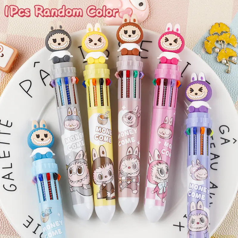 Cartoon Labubu Ten Color Pressing Ballpoint Pen Kawaii Multi-color Mark Pen Creative Students Stationery School Office Supplies
