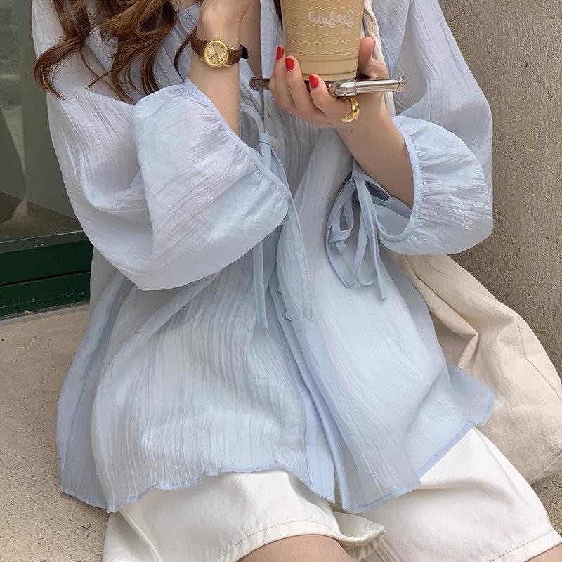 Áo sơ mi nữ tay dài form rộng màu pastel phong cách Hàn Quốc tiểu thư mẫu mới tay buộc nơ 2022