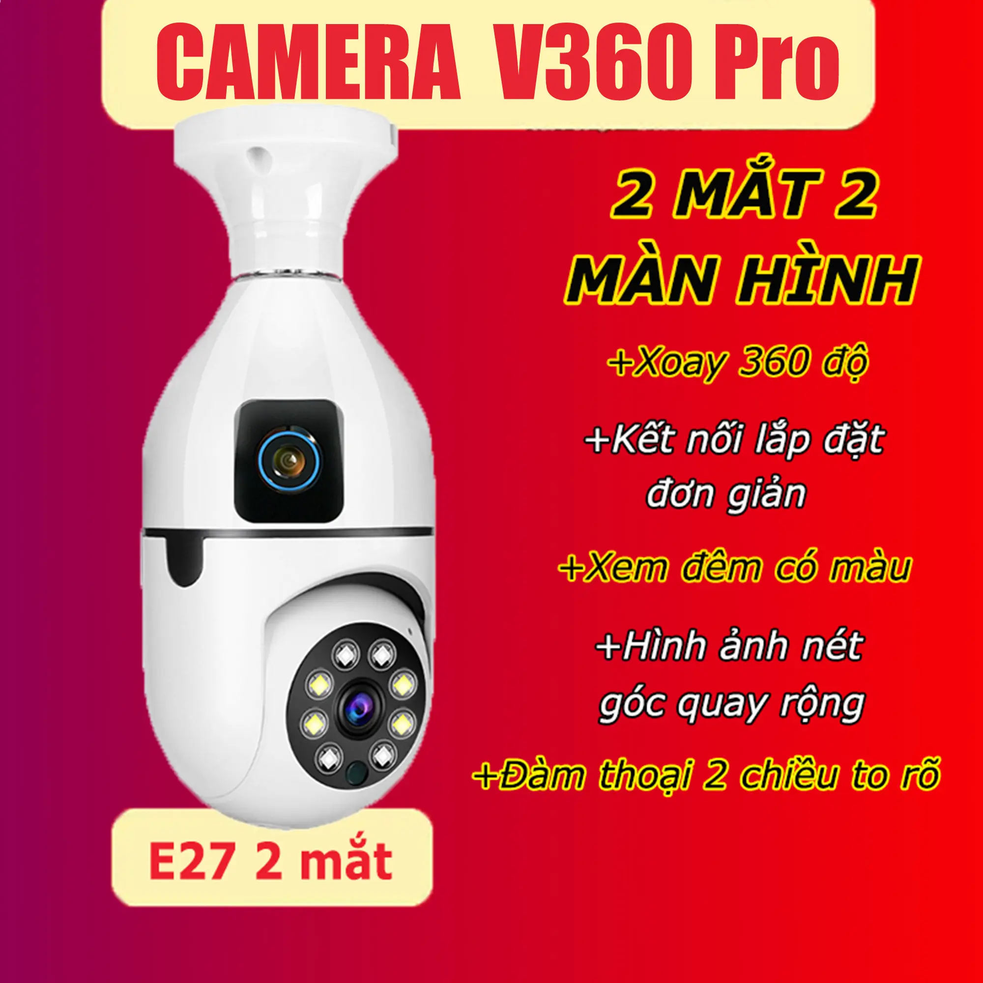 Camera giám sát CCTV 2 MẮT 2 MÀN HÌNH màn hình kép 1080P Bóng đèn E27 ,2.4GWIFI