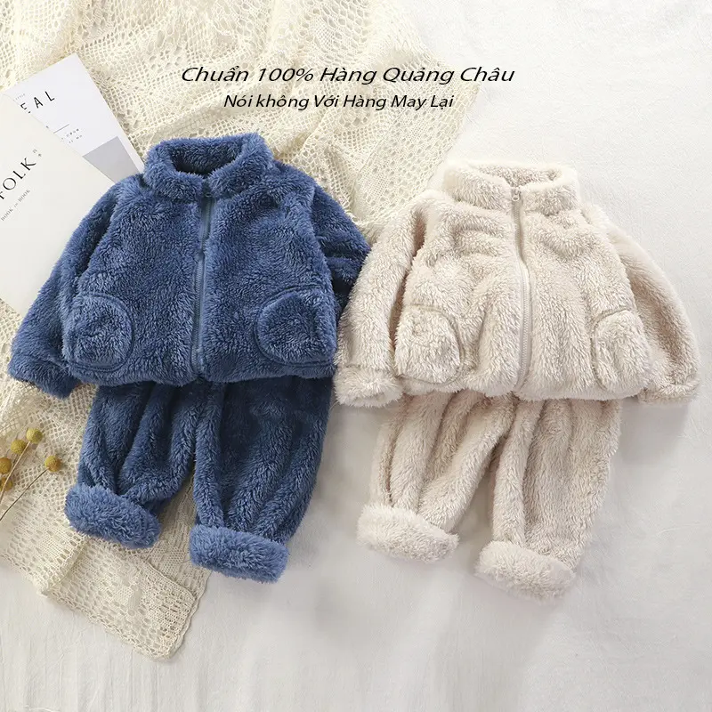 Bộ Quần áo lông cừu trẻ em, Bộ lông khóa kéo mùa đông cho bé gái và,bé trai hàng quảng châu Xịn siêu dễ thương