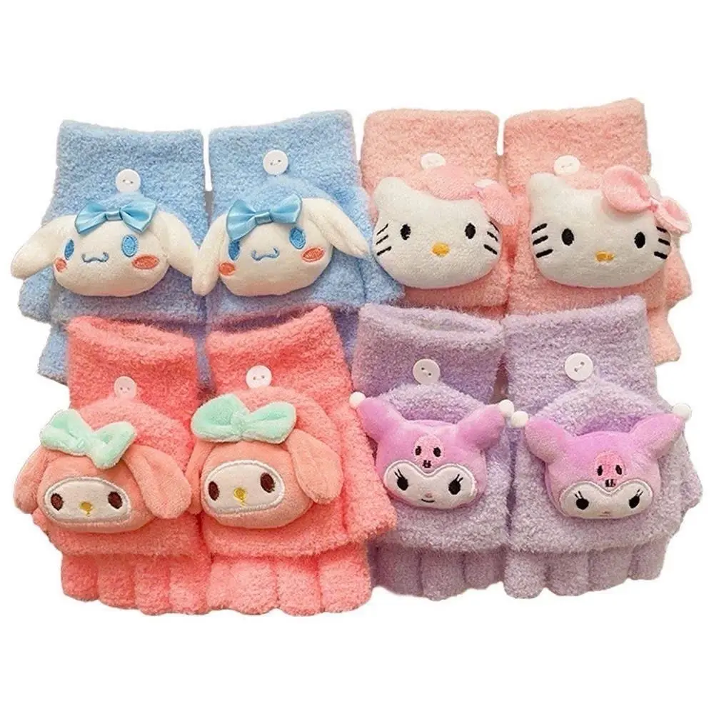 Găng tay Kuromi sang trọng Găng tay trẻ em Melody Cinnamoroll, Vỏ lật ấm áp Kawaii Găng tay nửa ngón mèo Kitty cho bé trai và bé gái