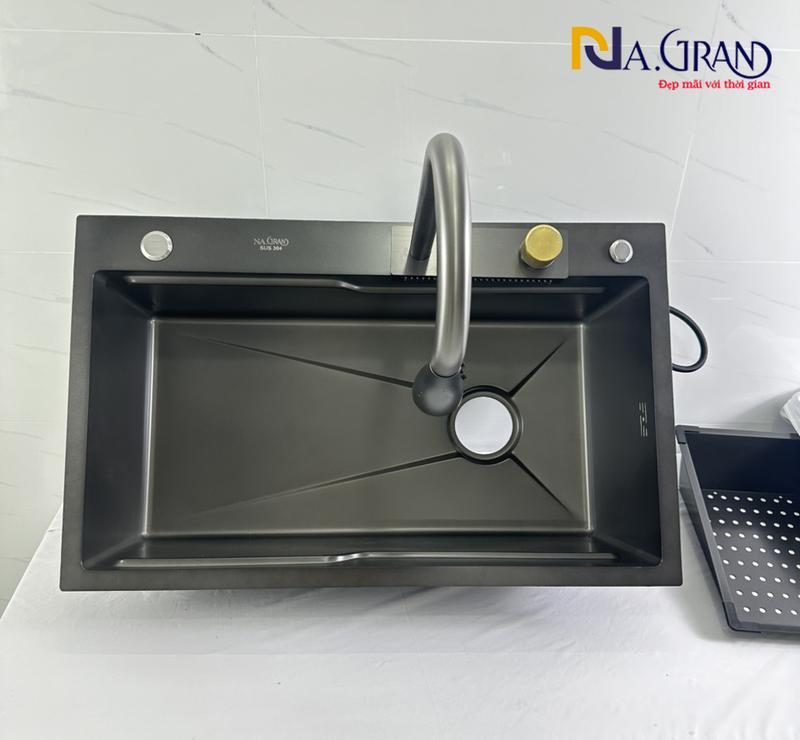 CHẬU+VÒI CHẬU DÀY 3ly Chậu Rửa Chén Bát 1 hộc CAO CẤP VÀ VÒI RÚT HIỆN ĐẠI,CHẬU PHỦ NANO ĐEN CHỐNG TRẦY N20 7546 KHAY VÀ THỚT và xả 2