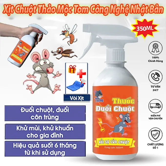 Xịt Đuổi Chuột TOM Công Nghệ Nhật Bản·350ml - Dùng Cho Xe Ôtô, Trong Nhà - Nguồn Gốc Thảo Mộc Mùi Hương Dễ Chịu