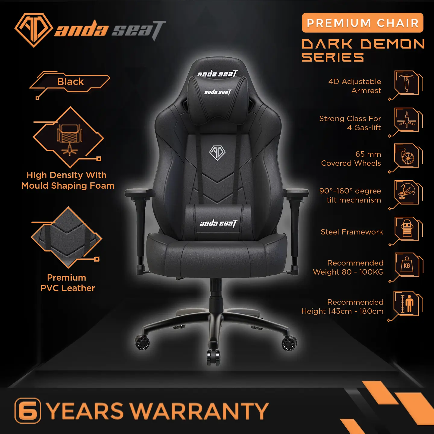 ANDASEAT DARK DEMON SERIES GAMING CHAIR - BLACK