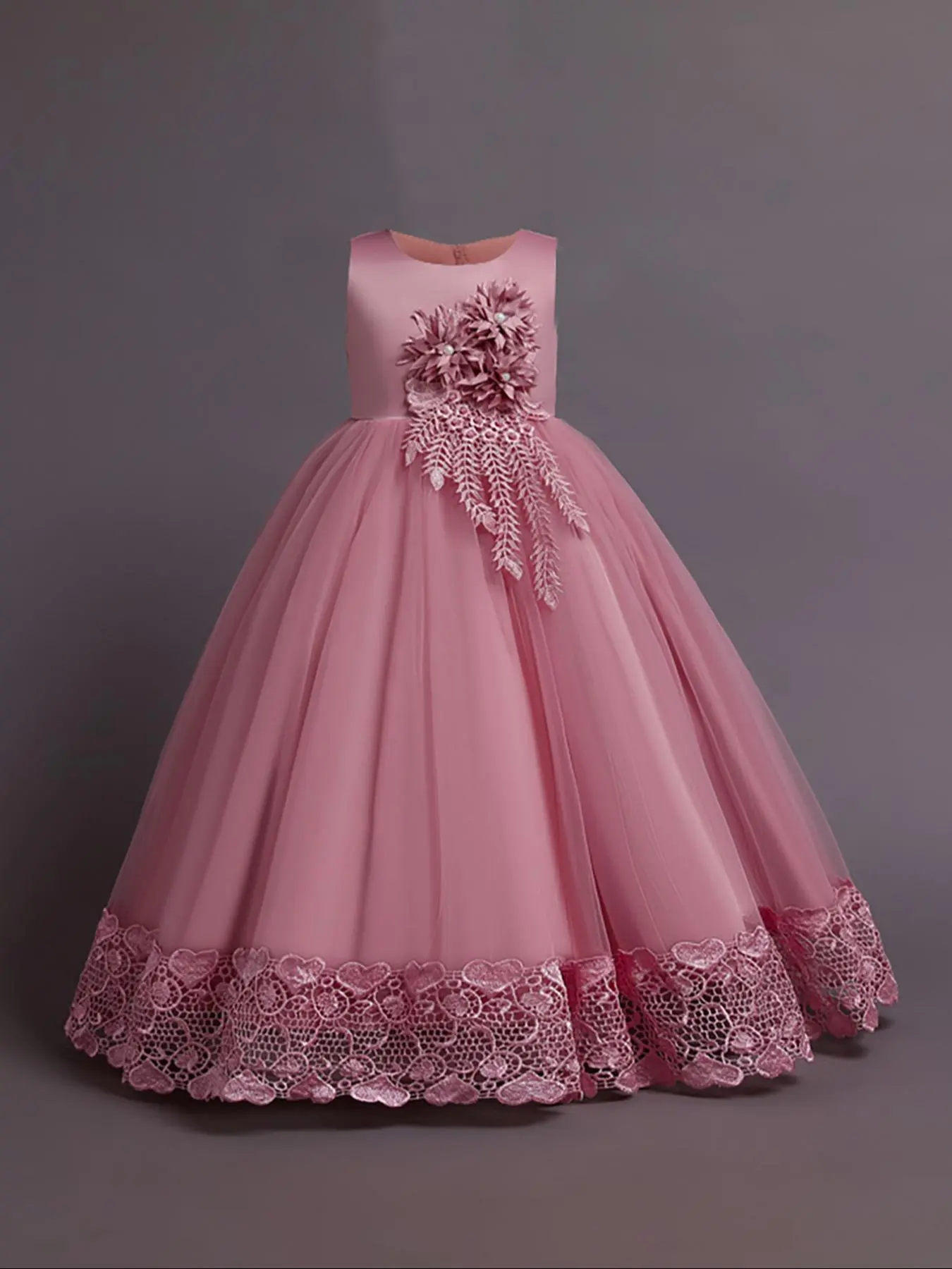 Girl's Flower Decor Appliques Beaded Bow Back Tulle Party Dress, Elegant Heart Embroidery Sleeveless Tutu Dress, Kids Clothing for All Seasons for Christmas