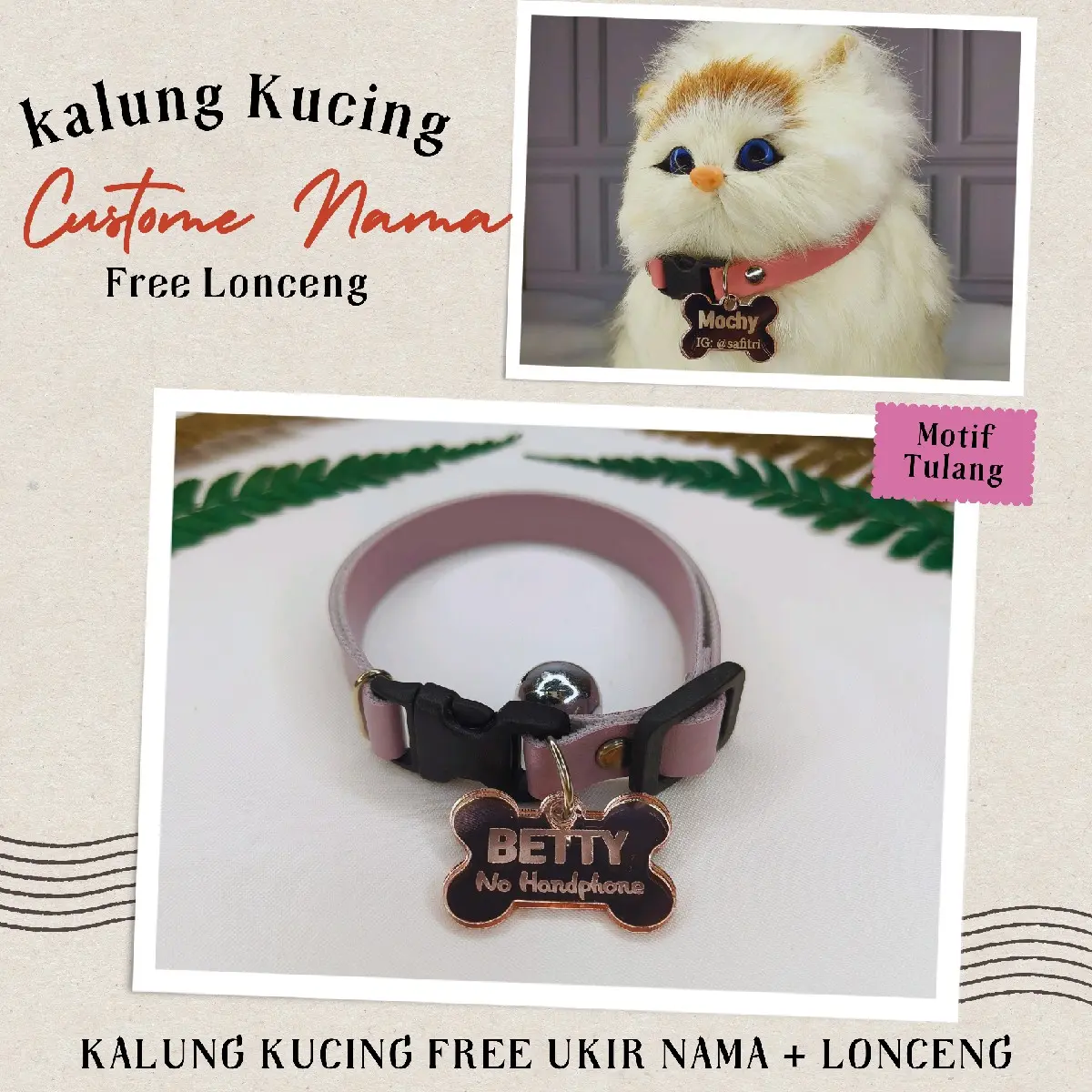 Kalung kucing custom nama bahan kulit akrilik rosegold free lonceng nyaring