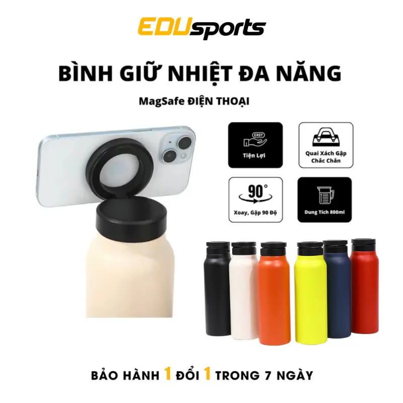 [Giao hàng miễn phí] Bình Giữ Nhiệt MagSafe Nắp Nam Châm 800ml, Chất Liệu Inox 304 Từ Tính Làm Giá Đỡ Điện Thoại