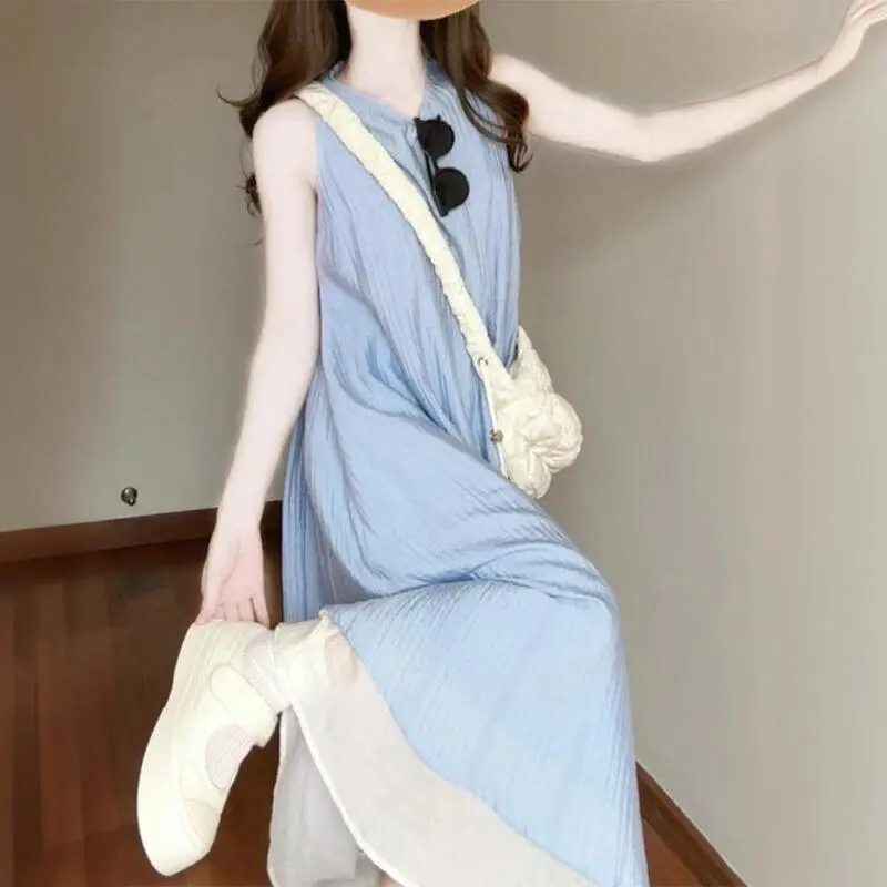 Váy Hai Mảnh Giả, Họa Tiết Sọc Kiểu Pháp, Dành Cho Phụ Nữ, Hàng Mới Về Mùa Hè, Dáng Rộng Rãi Và Mỏng Vừa Vặn, Hiệu Ứng Xếp Ly, Thanh Lịch, Váy Dài Women Dress 0