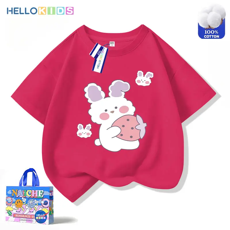 Áo Thun ngắn Tay 100% Cotton, In Hình Thỏ Ngọt Ngào Và Dễ Thương, Dành Cho Thời Trang Trẻ Em, Quần Áo Bé Gái, Áo Cổ Thuyền Dáng Rộng 1