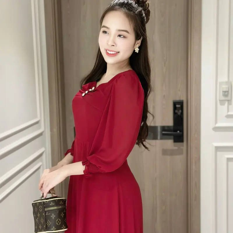 Đầm maxi form dài đính nút ngực, tay lỡ bo thun - GR0298 (Hình thật shop chụp) Nữ Dress 7