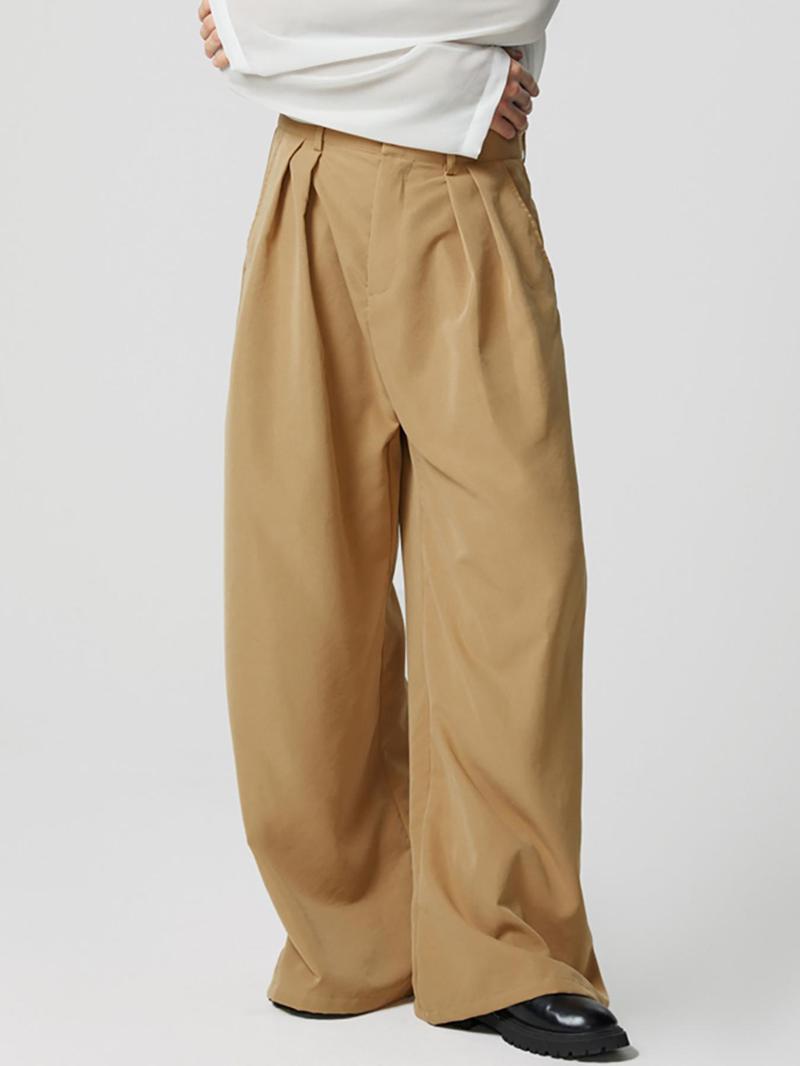 Product Introduction of Men's Solid Button Fly  Plicated Wide Leg Pants, Loose Casual Comfy High Waist Trousers for Fall & Winter, Men's Bottoms for Daily Wear 14