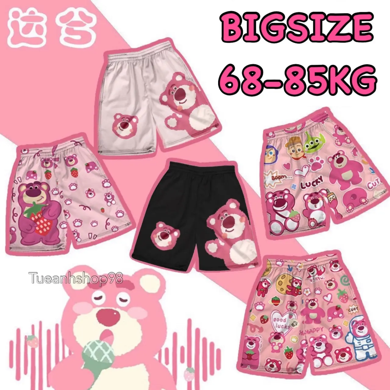 Bigsize 68-85KG Quần Đùi Gấu Dâu Lotso - Quần Short Cartoon Thun Hoạt Hình Unisex - Quần Đùi Nam Nữ Mặc Nhà Freesize Đến 85KG TUEANHSHOP