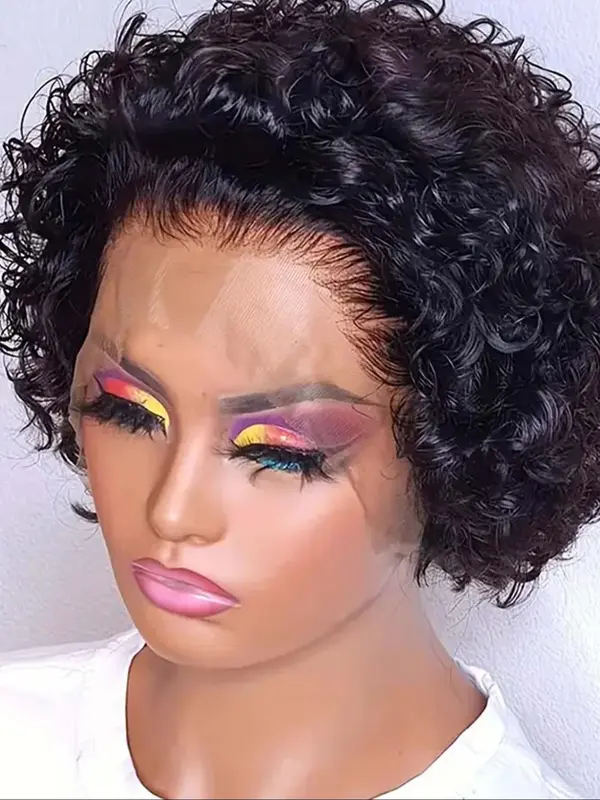 6 Inch Short Wavy Afro Wig for Women, Gorgeous Fluffy Human Curly Wig with Blunt Bangs, Human Hair Wigs for Party, Daily Use 6