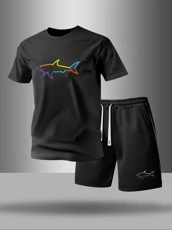 Men's Graphic Print Tee & Drawstring Waist Shorts Set, Casual Round Neck Short Sleeve T-shirt & Pocket Track Shorts, Men's Two-piece Outfits for Summer 0