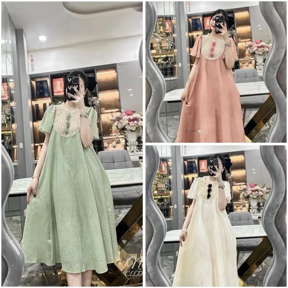 Váy Dài Phối Ren Hoa Tay Cánh Tiên