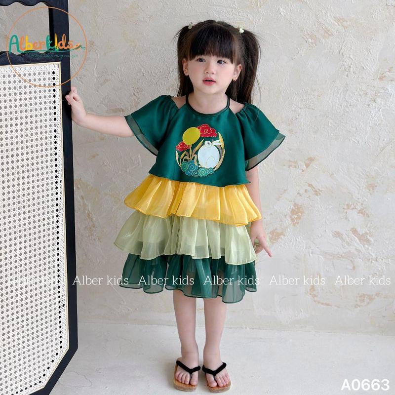 Váy bé gái Trung Thu ALBERKIDS 3 tầng hình in thỏ ngọc công chúa xinh đẹp cho trẻ em 2-12 tuổi A0663