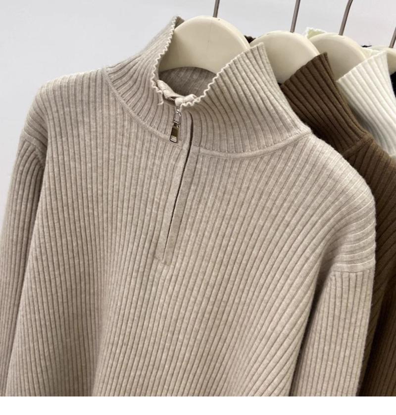 Product Introduction of 200 Wearable plus Size Polo Top Women's Autumn and Winter Half-High Collar Half-Open Zipper Sweater Loose Slimming Sweater Fashion 20