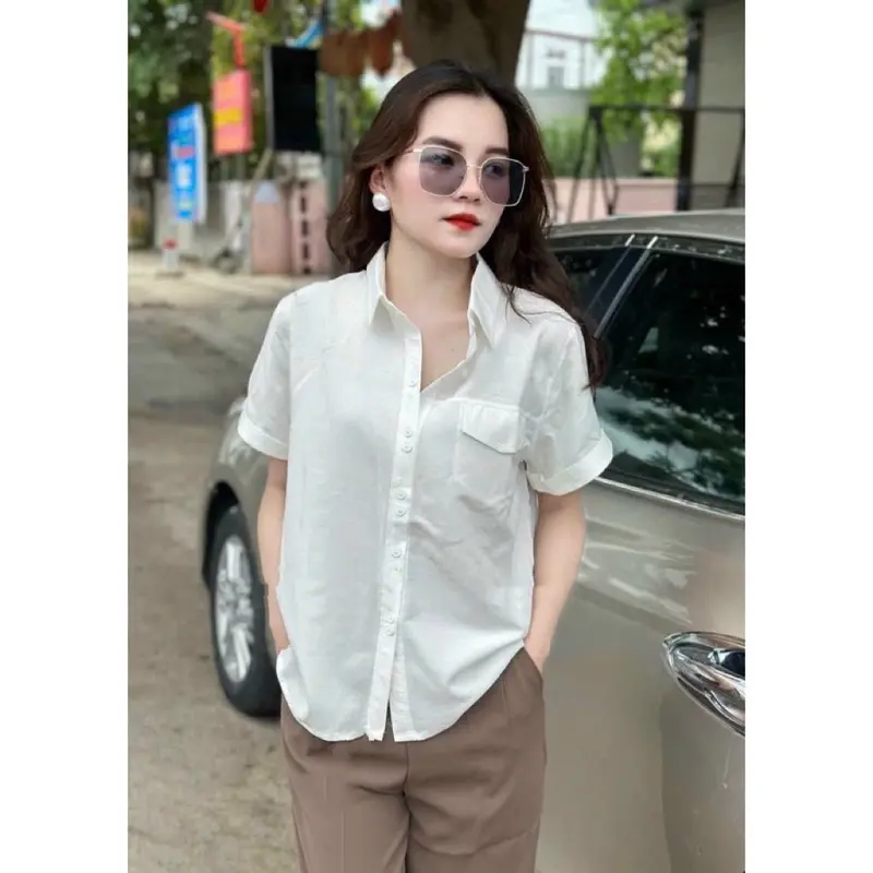 Áo Sơ Mi Cộc Tay Nữ,Chất Vải Đũi Tơ Mềm Mát Thấm Hút Mồ Hôi,kiểu Dáng Trẻ Trung Sang Trọng - V40. Women Top 3