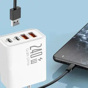 Charger 240W 4 Port USB Type-C Fast Charging + Kabel Data USB Adapter Charger HP Kuat Ringkas Dual PD & USB Pengisian Multi Perangkat Kompatibel Apple Android