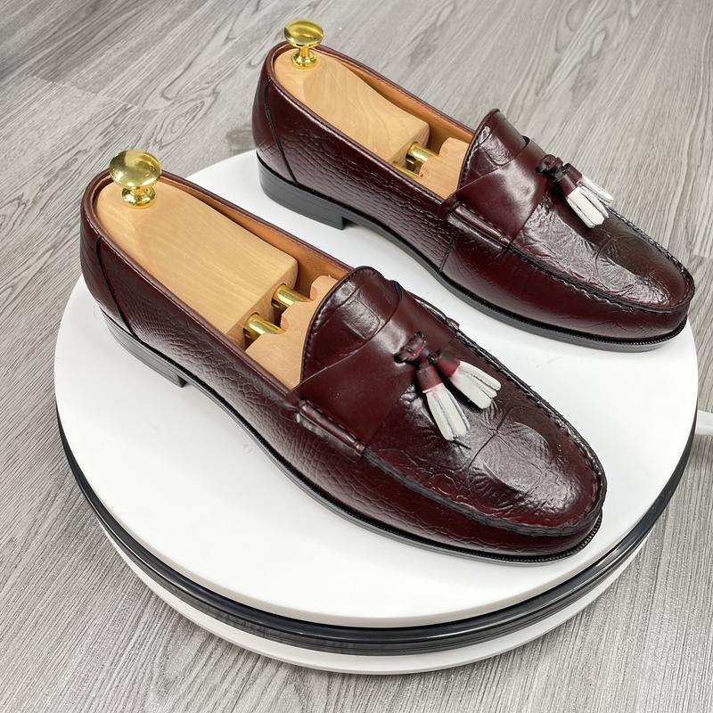  GL04 Giầy Lười Da Nam Dập Vân 4 Gù Buộc Nơ Trắng   lùi 1 size so với giày thể thao  Cao Su Shoes 