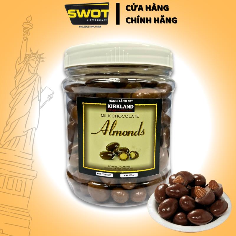 Socola Sữa Hạnh Nhân almond Kirland Milk hộp 450g, Chocolate bọc hanh nhan giòn ngon, sôcôla chính hãng của Mỹ Food Snack - SWOT